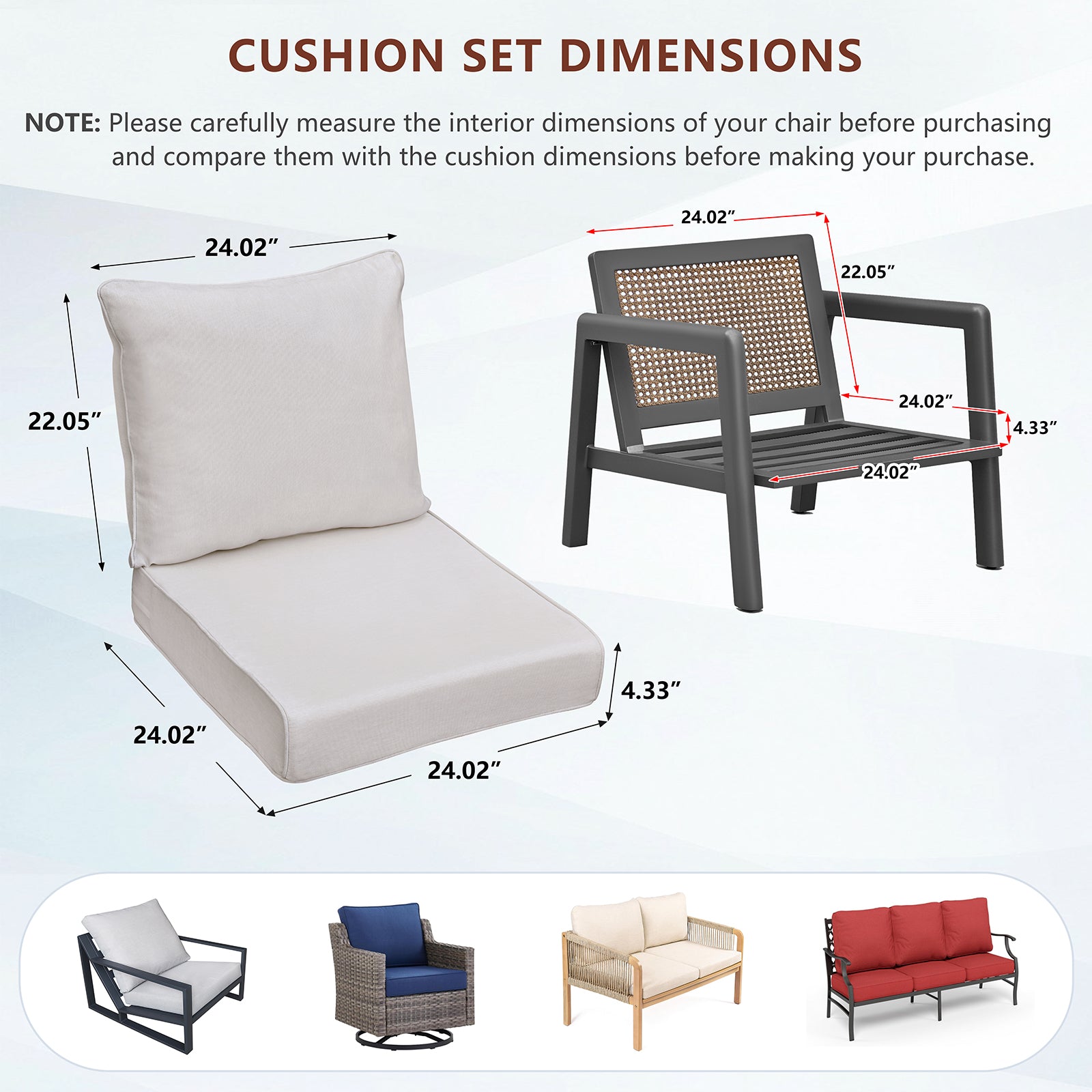 Arttoreal Outdoor Deep Seat Cushion Set, 24 x 22 x 4.3 in Seat and Back Replacement Cushions for Patio Furniture, Water-Resistant Fabric