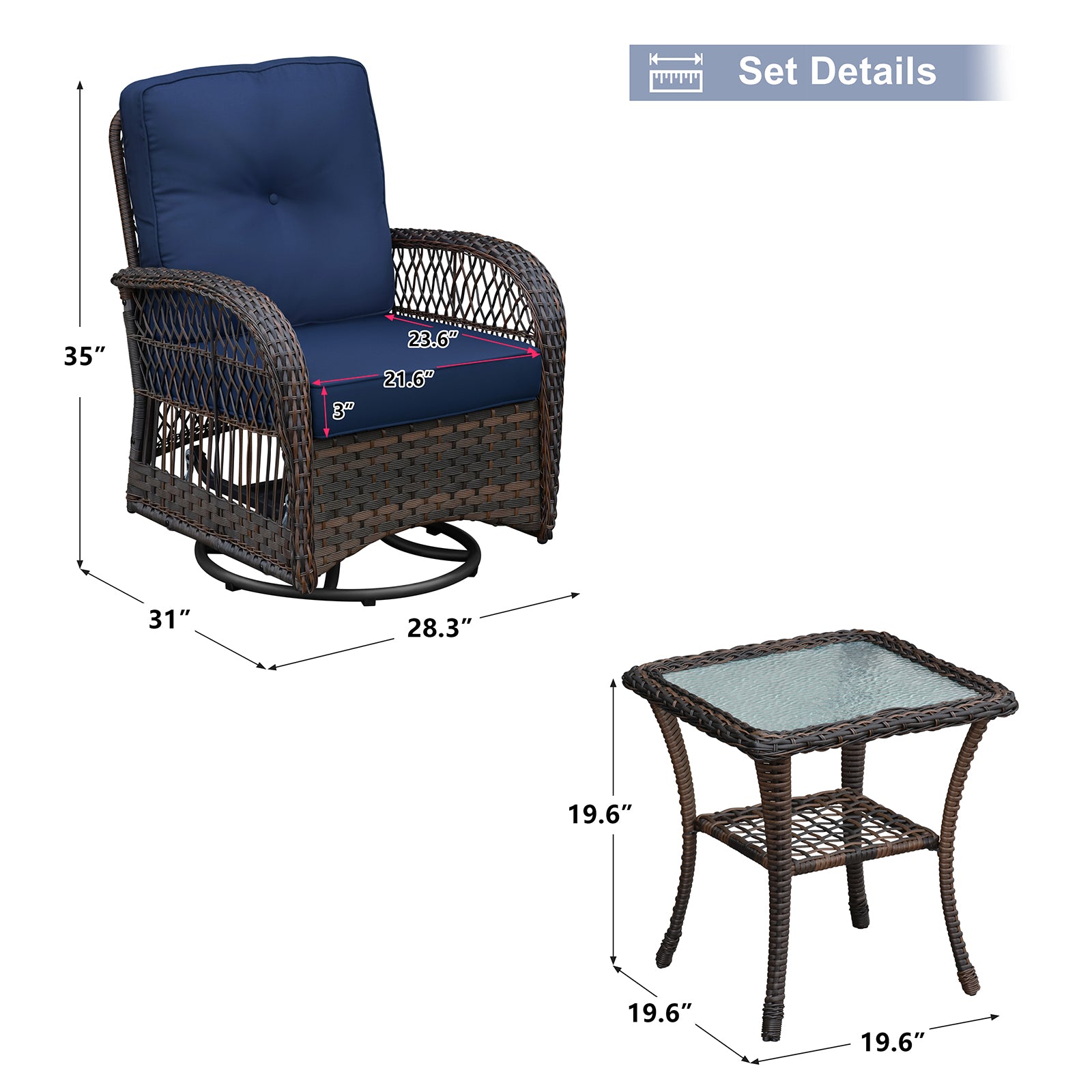 Arttoreal Outdoor Swivel Rocker Patio Chairs Set of 2 and Matching Side Table / 3 Piece Wicker Patio Bistro Set with Premium Fabric Cushions