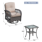 Arttoreal Outdoor Swivel Rocker Patio Chairs Set of 2 and Matching Side Table / 3 Piece Wicker Patio Bistro Set with Premium Fabric Cushions