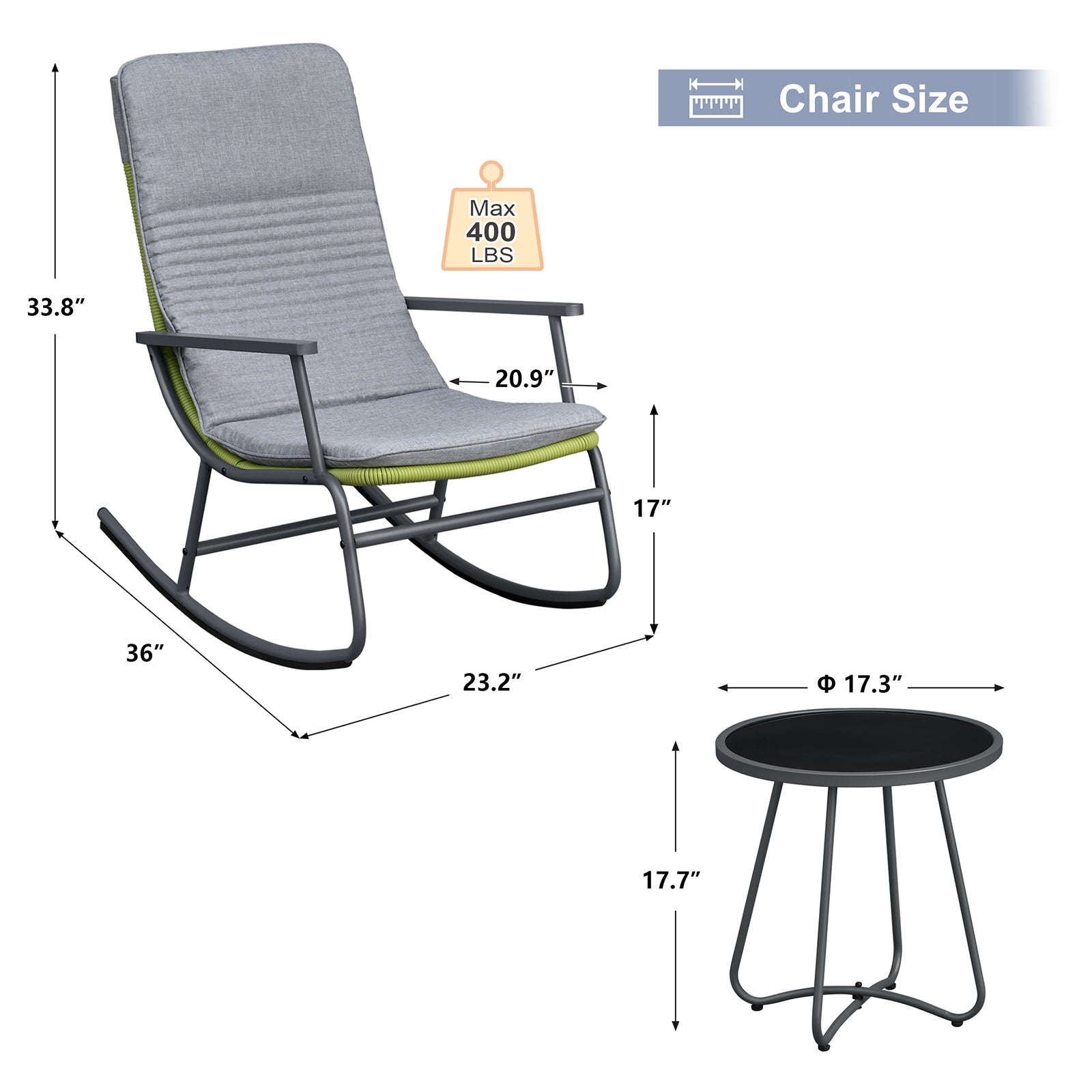 Arttoreal 3-Piece Patio Rocking Chair Bistro Set, Heavy Duty 330 LBS Rocking Chairs with 17.3" Side Table, Gray Cushion & Green Wicker for Garden, Balcony