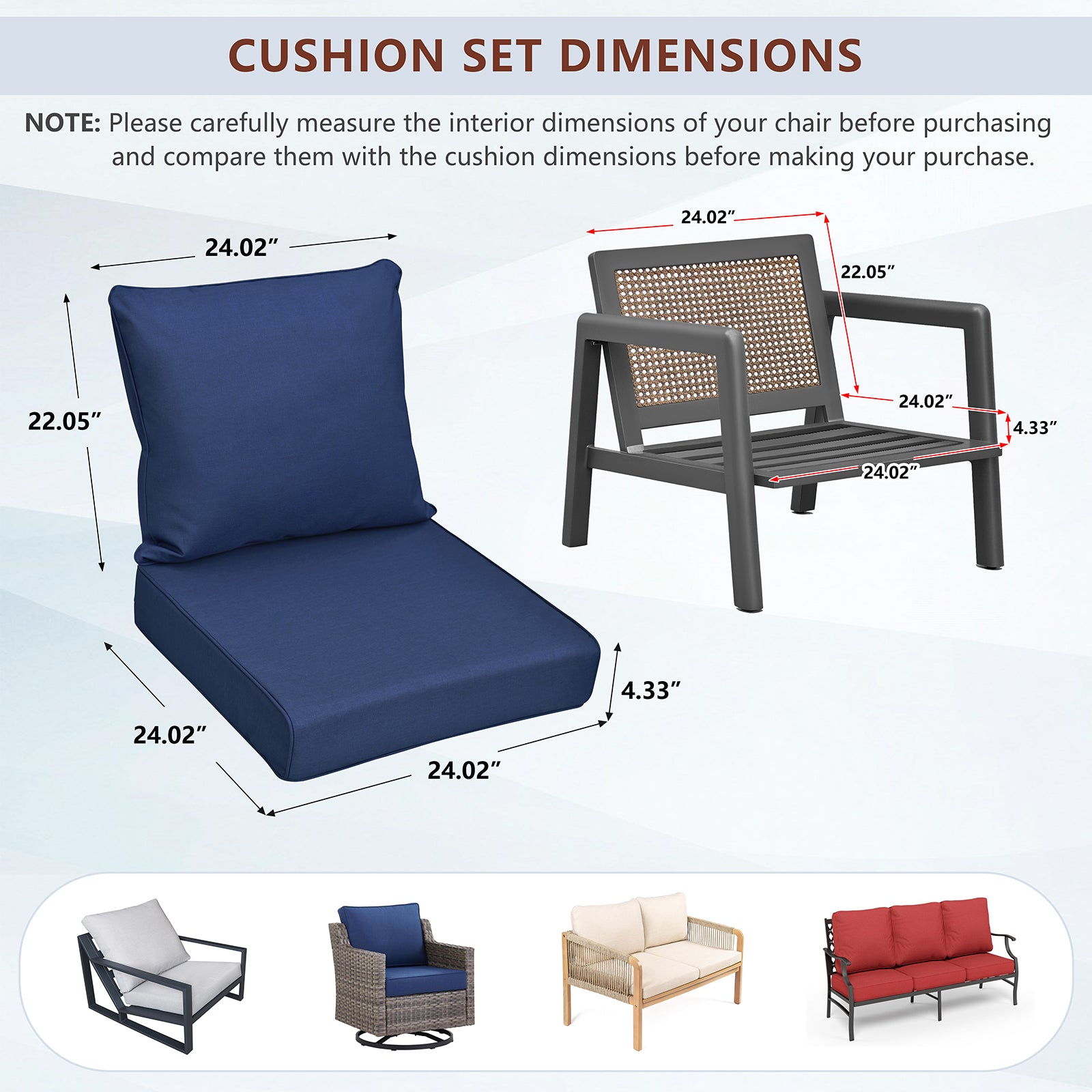 Arttoreal Outdoor Deep Seat Cushion Set, 24 x 22 x 4.3 in Seat and Back Replacement Cushions for Patio Furniture, Water-Resistant Fabric