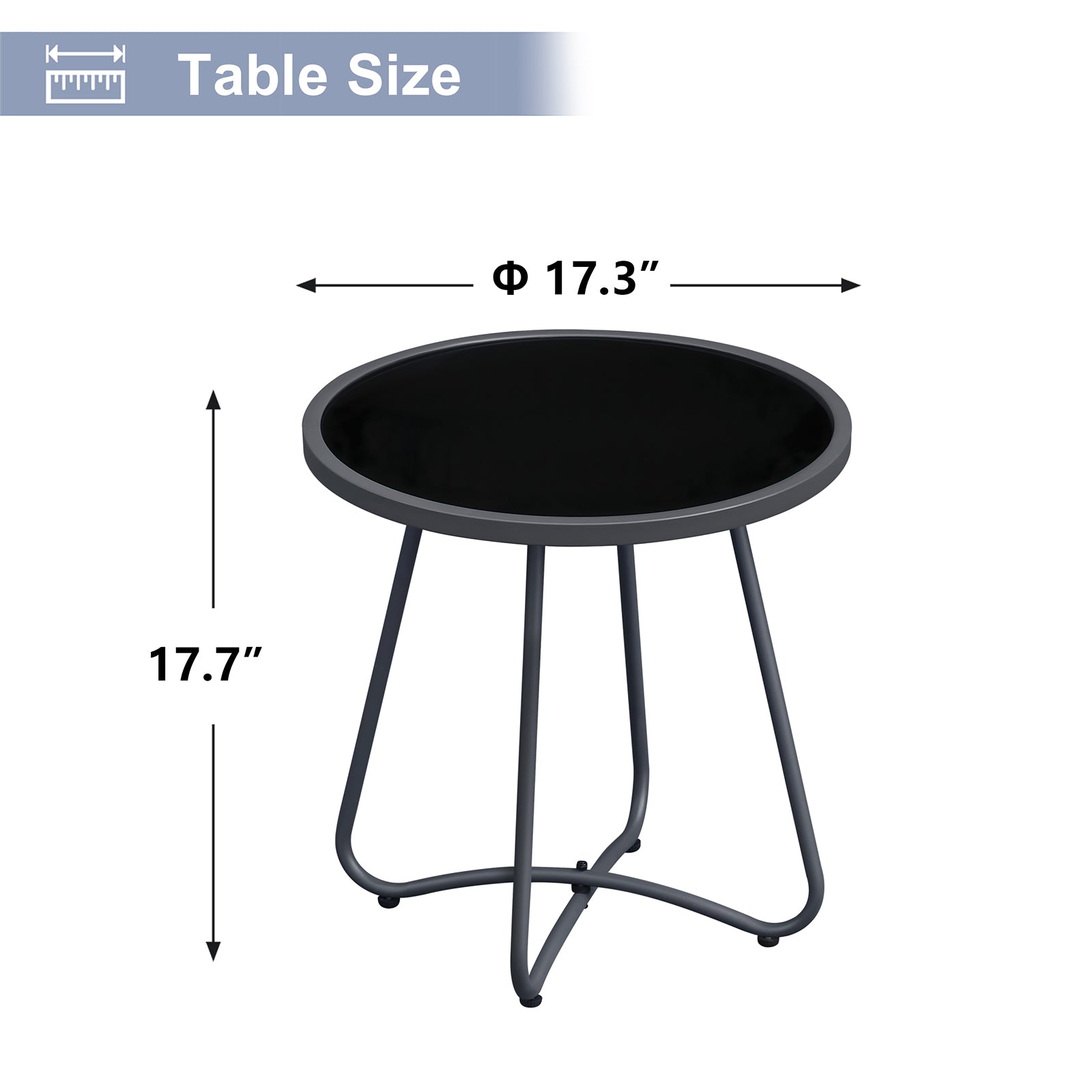 Arttoreal  Outdoor Side Table, 17.3" Round Glass Top Patio End Table, 17.7" Height with Metal Frame for Backyard, Deck, Balcony