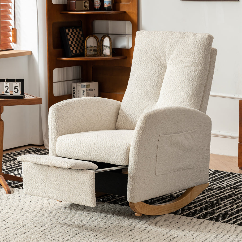 Rocking chair with footstool, high back, rubber wood rocking legs, bedroom living room