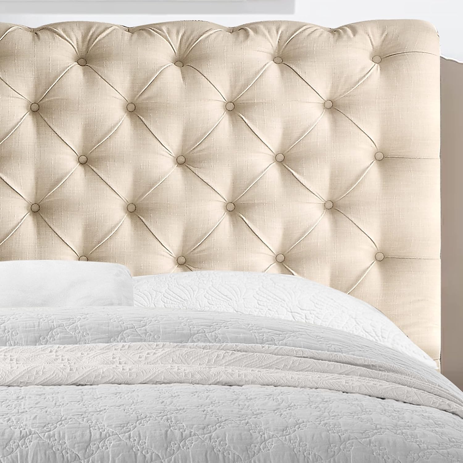 Upholstered fabric bed frame with adjustable headboard, Chesterfield style, wooden slatted supports, easy to assemble, single size