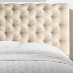 Upholstered fabric bed frame with adjustable headboard, Chesterfield style, wooden slatted supports, easy to assemble, single size