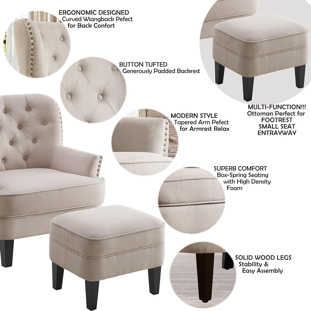 Bedroom armchair with footrest, with height adjustment and button tufting, large size, beige