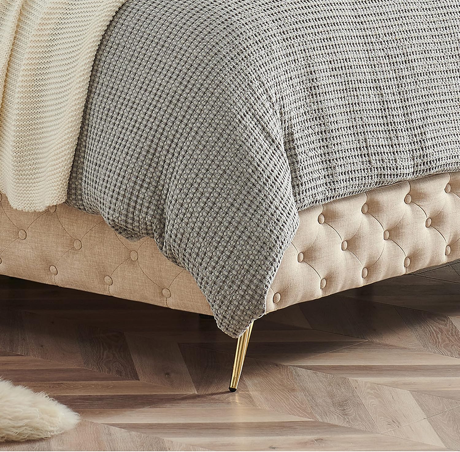 Upholstered Tufted Platform Bed with Deep Button Tufting and Custom Gold Metal Legs, Queen Size Bed Frame, Easy to Assemble, Queen Size Bed Frame