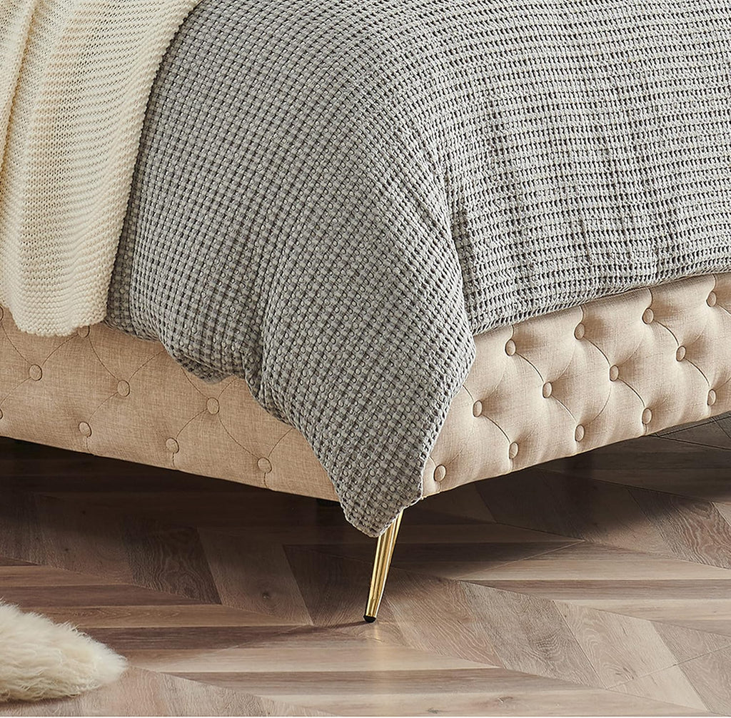 Upholstered Tufted Platform Bed with Deep Button Tufting and Custom Gold Metal Legs, Queen Size Bed Frame, Easy to Assemble, Queen Size Bed Frame
