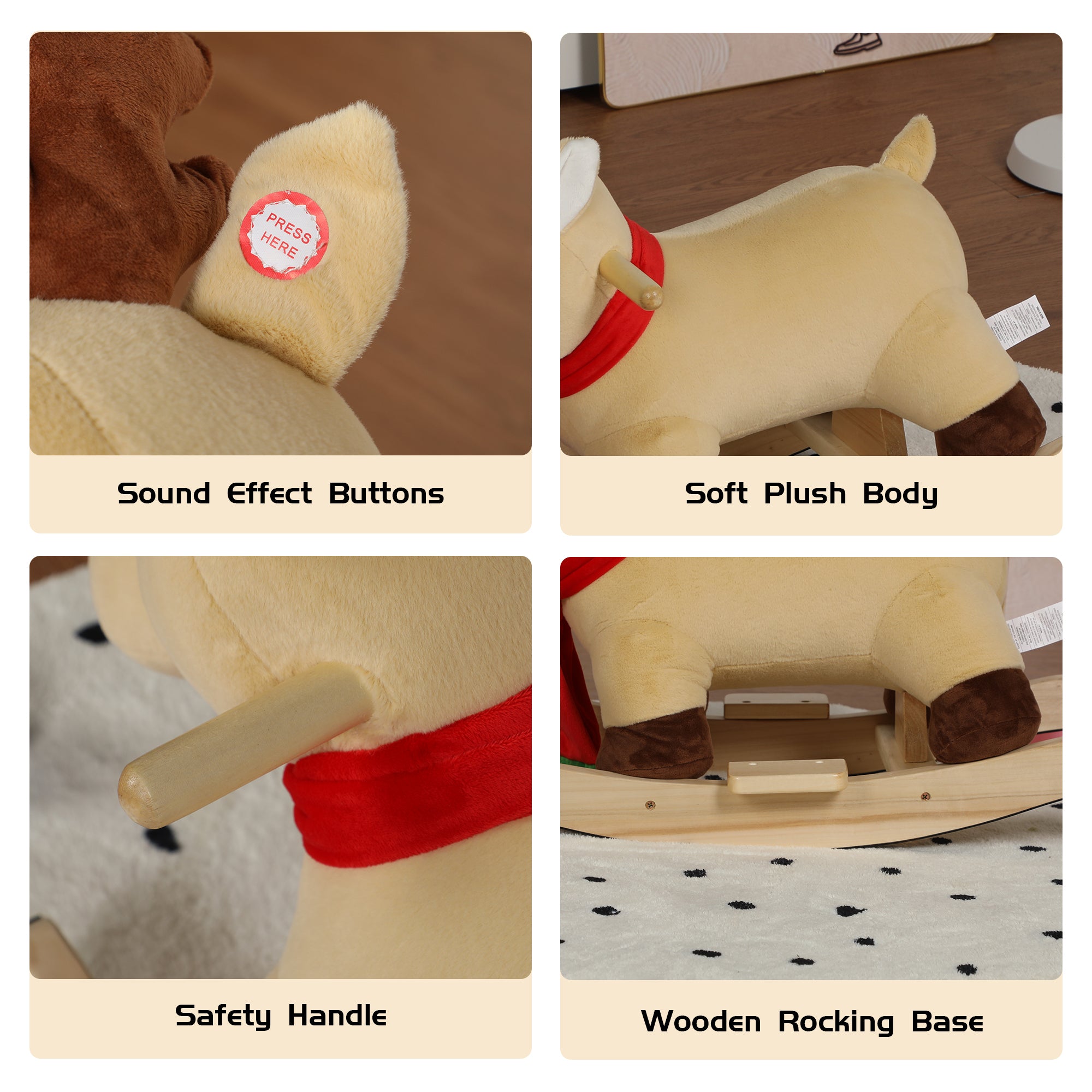 Kids Ride-On Rocking Horse Toy with Lullaby Song,Moose Rocking Toy with Hand Puppets and Safety Belt For Children 1-3 Years,Soft Plush Fabric,Apricot,CPC Certified