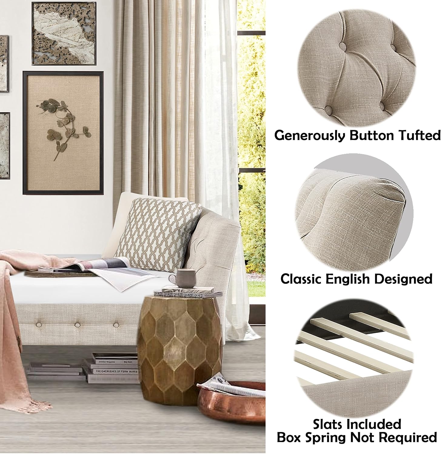 Button tufted, high quality polyester fiber cushion, wooden legs, easy to assemble, single bed, living room, bedroom sofa bed, sofa bed without backrest, warm beige