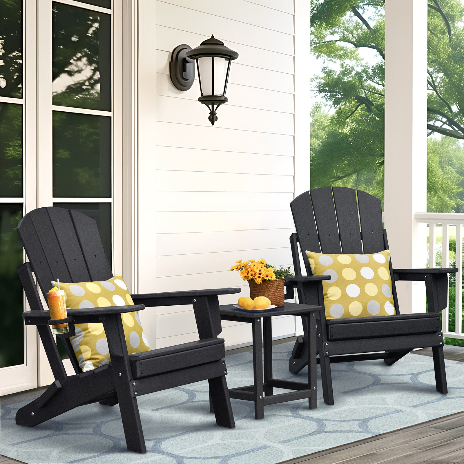 3-piece folding Adirondack chair set with cushions, patio fireplace chair, outdoor weather-resistant chair, with cup holder and coffee table, suitable for patio, backyard, and garden.