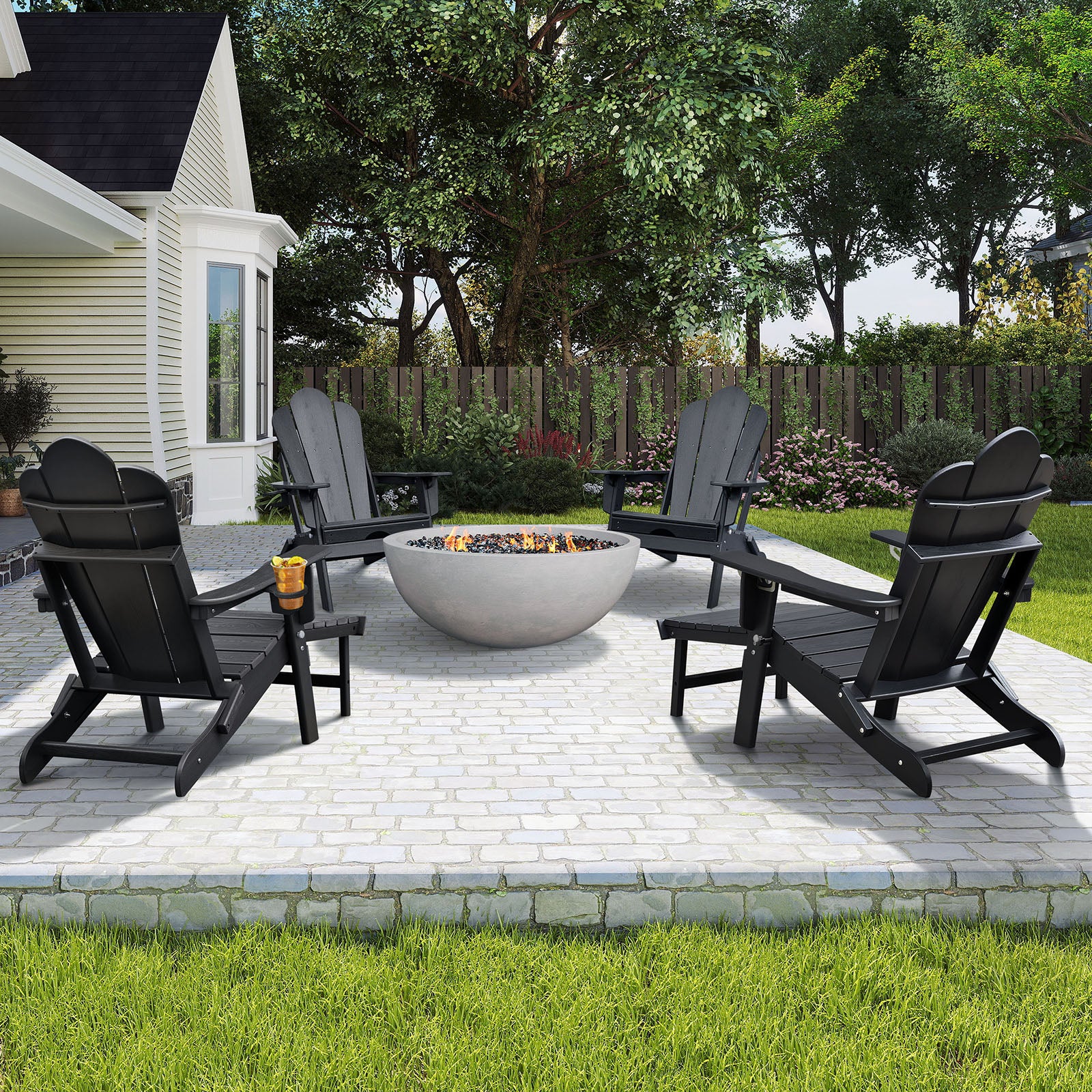 【Arttoreal】 New Adirondack-Chairs-with-Ottoman  | Folding | Retractable-Footrest | HDPE Plastic | All Weather Fire Pit Chair | Cup Holders | Blue | for Outdoor Poolside