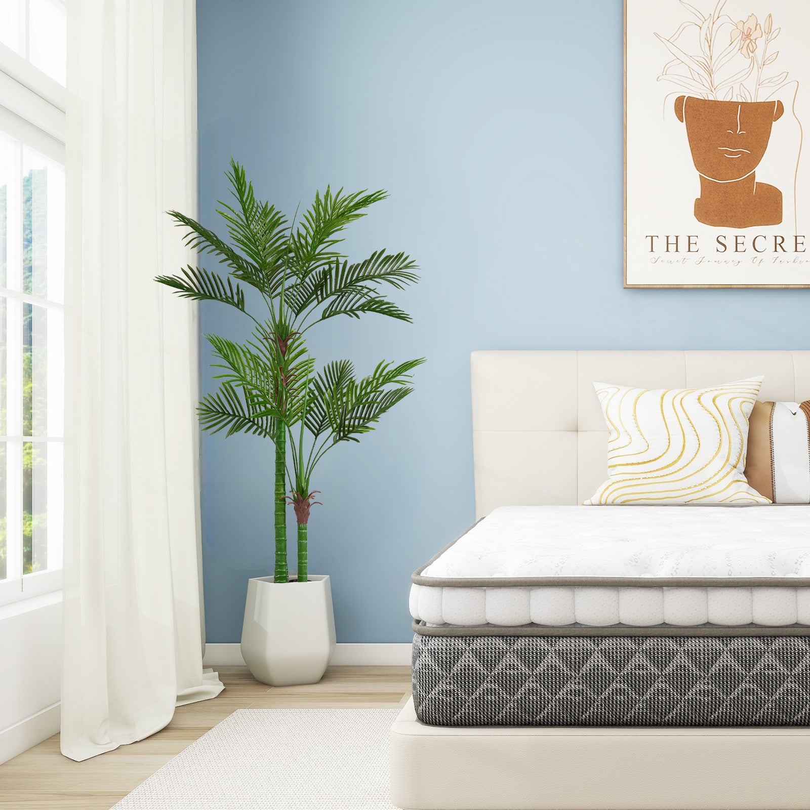 Artificial Golden Cane Palm Tree, 180cm Tall Faux Areca Palm Plant in Pot for Indoor or Outdoor Home and Office Decor, Adjustable Trunk,