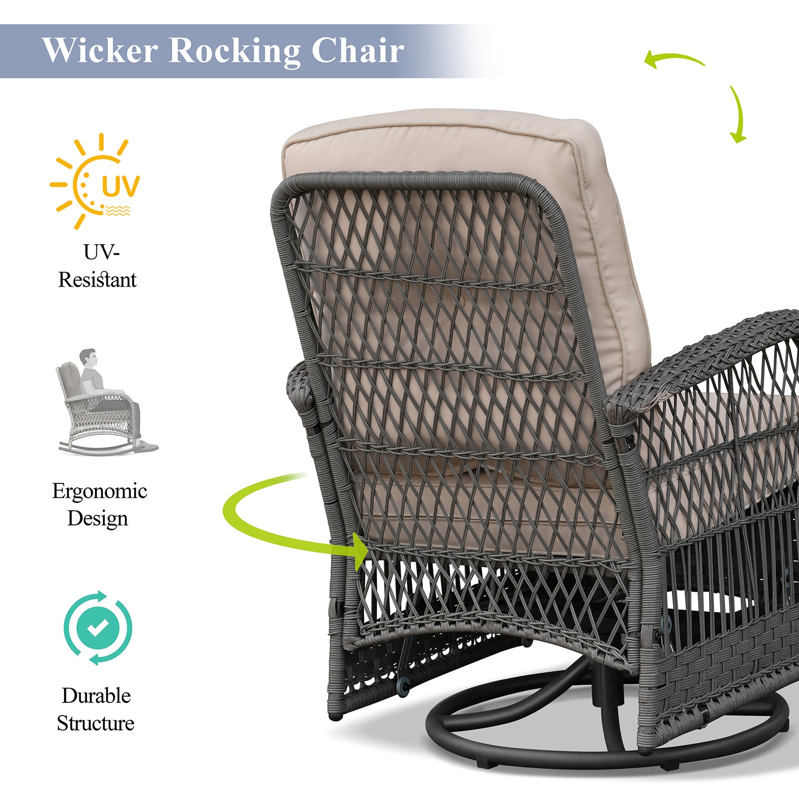 Arttoreal Outdoor Swivel Rocker Patio Chairs Set of 2 and Matching Side Table / 3 Piece Wicker Patio Bistro Set with Premium Fabric Cushions