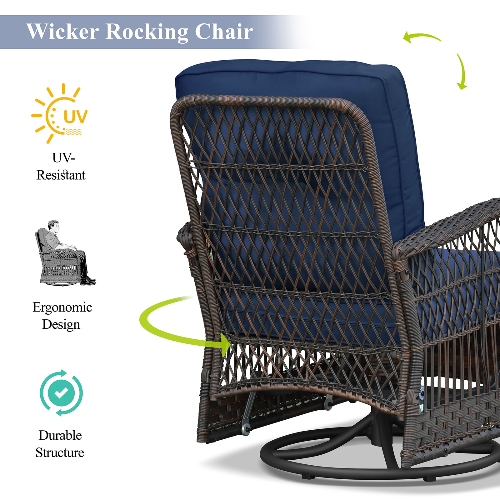 Arttoreal Outdoor Swivel Rocker Patio Chairs Set of 2 and Matching Side Table / 3 Piece Wicker Patio Bistro Set with Premium Fabric Cushions