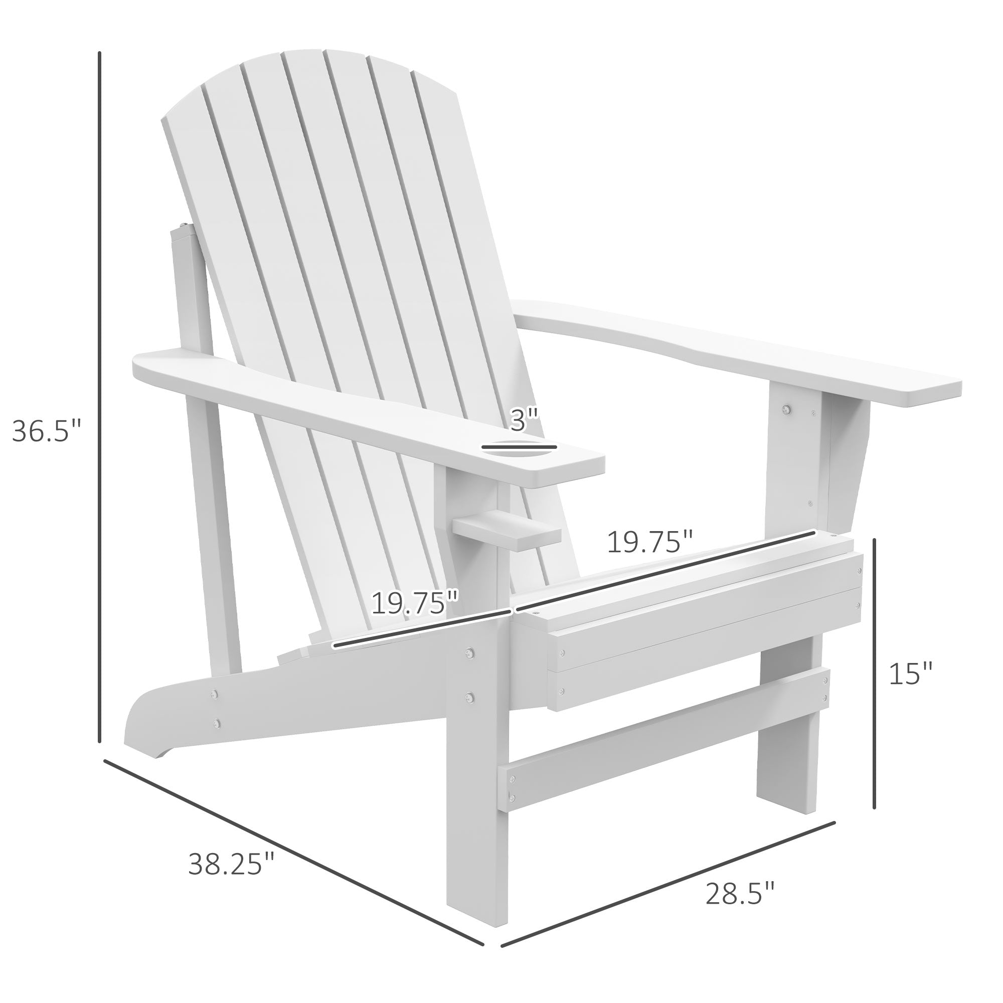 Wooden Adirondack Chair, Outdoor Patio Lawn Chair with Cup Holder, Weather Resistant Lawn Furniture, Classic Lounge Chair for Deck, Garden, Backyard, Fire Pit, White