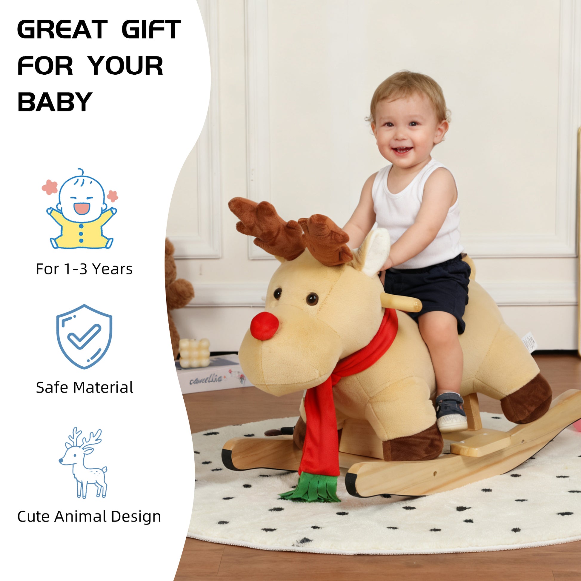 Kids Ride-On Rocking Horse Toy with Lullaby Song,Moose Rocking Toy with Hand Puppets and Safety Belt For Children 1-3 Years,Soft Plush Fabric,Apricot,CPC Certified