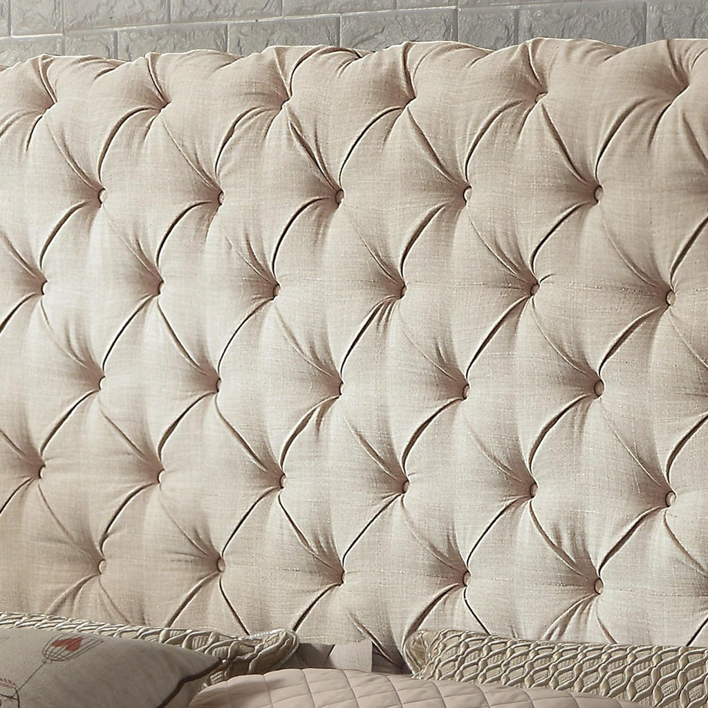 Upholstered fabric bed frame with adjustable headboard, Chesterfield style, wooden slatted supports, easy to assemble, single size