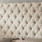 Upholstered fabric bed frame with adjustable headboard, Chesterfield style, wooden slatted supports, easy to assemble, single size