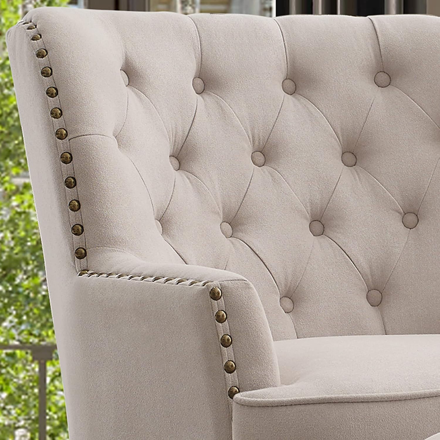 Bedroom armchair with footrest, with height adjustment and button tufting, large size, beige