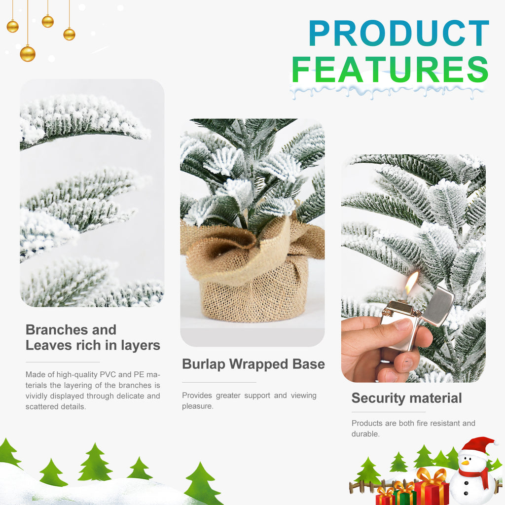 50CM Flocked Tabletop Christmas Tree, Snowy Mini PE Tree with 85 Tips & Burlap Base, Small Winter Holiday Décor for Home, Office or Gift Display