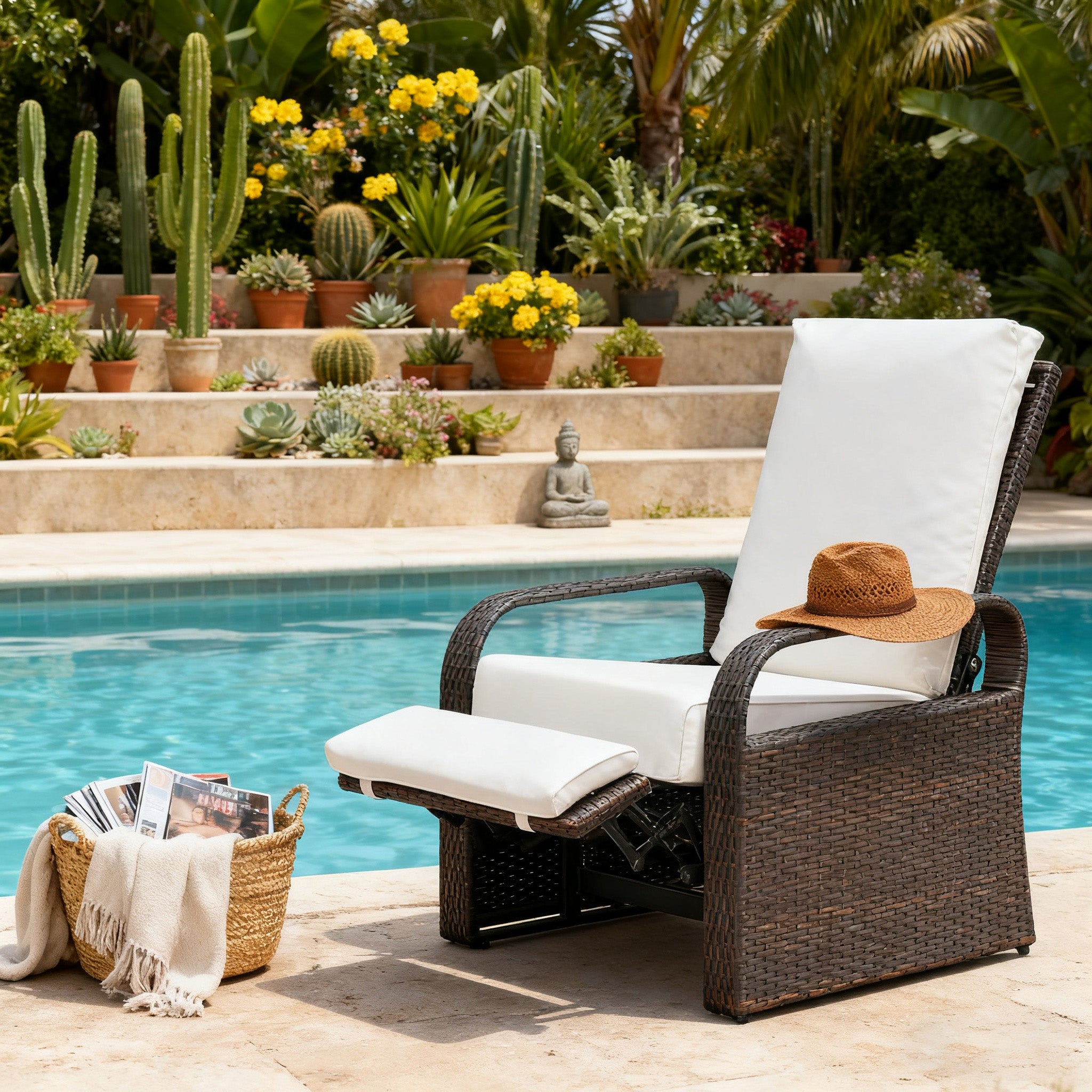 Arttoreal Outdoor Wicker Recliner / Rattan Sofa Recliner / Aluminum Frame Recliner Chair / Patio Furniture Single Armchair with Cushion