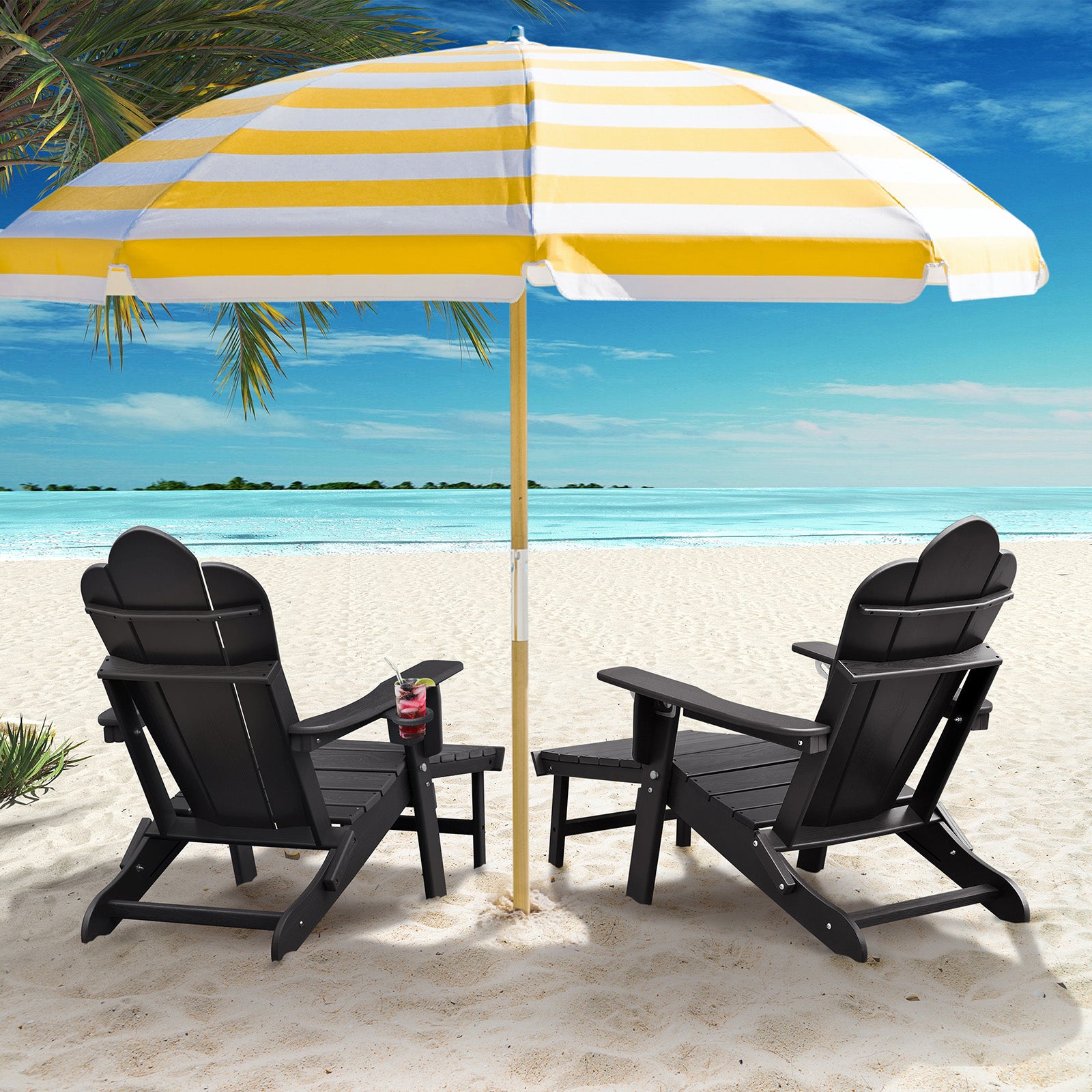 【Arttoreal】 New Adirondack-Chairs-with-Ottoman  | Folding | Retractable-Footrest | HDPE Plastic | All Weather Fire Pit Chair | Cup Holders | Blue | for Outdoor Poolside