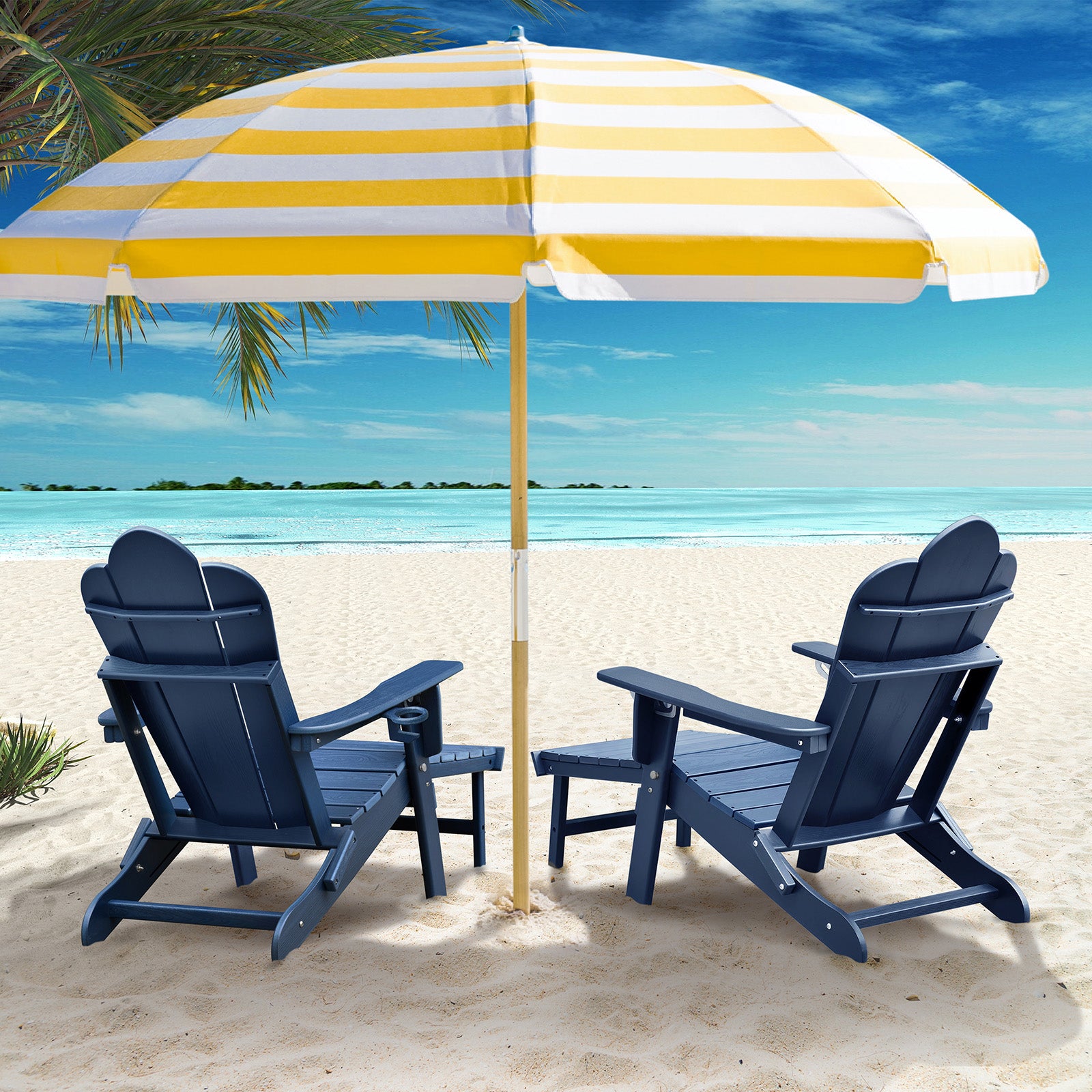 【Arttoreal】 New Adirondack-Chairs-with-Ottoman  | Folding | Retractable-Footrest | HDPE Plastic | All Weather Fire Pit Chair | Cup Holders | Blue | for Outdoor Poolside