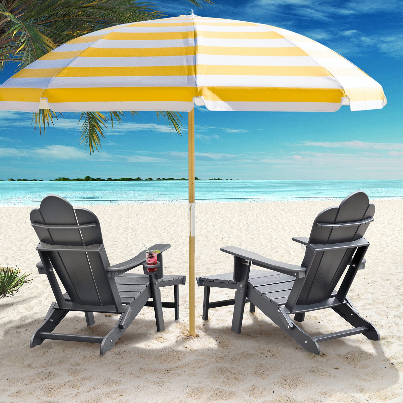 【Arttoreal】 New Adirondack-Chairs-with-Ottoman  | Folding | Retractable-Footrest | HDPE Plastic | All Weather Fire Pit Chair | Cup Holders | Blue | for Outdoor Poolside