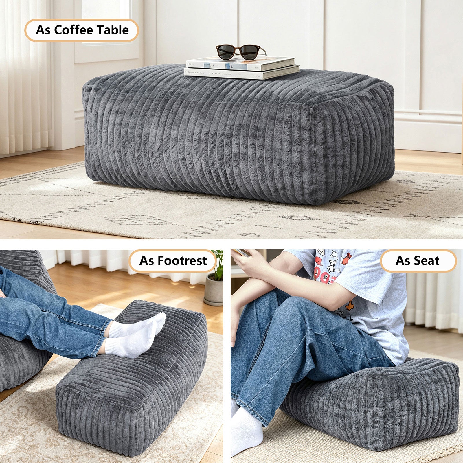 Arttoreal Bean Bag Chair with Ottoman, Corduroy Beanbag Sofa with Footrest for Adults, Grey