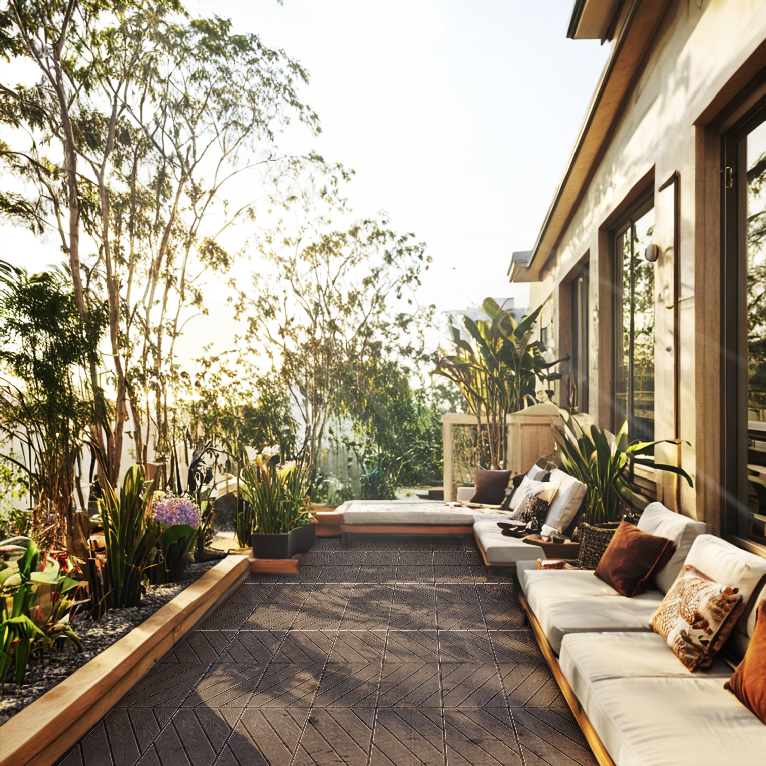 Plastic Composite Patio Tiles 35-Piece Set, Composite Patio Rust-Resistant, Waterproof, Weatherproof, Easy to DIY and Maintain, Great for Patio, Balcony, Roof, Terrace, Indoor and Outdoor, 12x12i Light Coffee