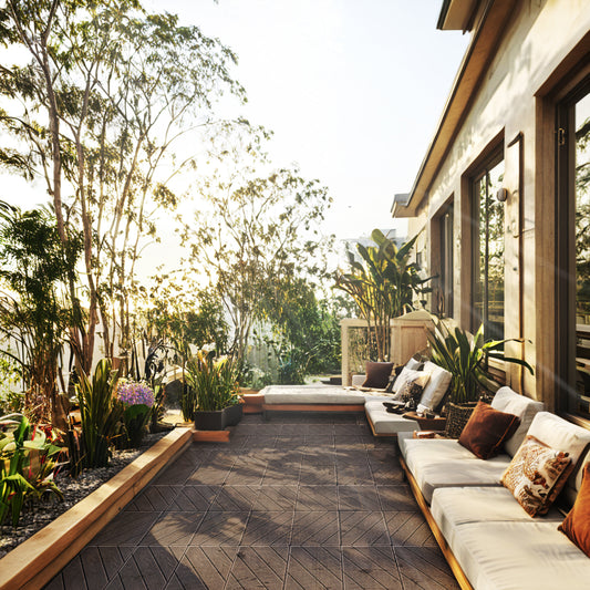 Plastic Composite Patio Tiles 35-Piece Set, Composite Patio Rust-Resistant, Waterproof, Weatherproof, Easy to DIY and Maintain, Great for Patio, Balcony, Roof, Terrace, Indoor and Outdoor, 12x12i Light Coffee