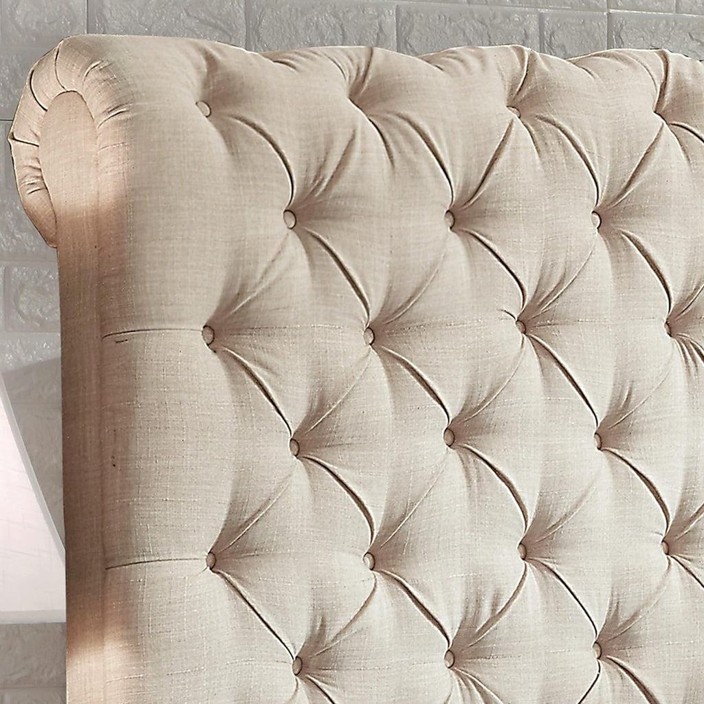 Upholstered fabric bed frame with adjustable headboard, Chesterfield style, wooden slatted supports, easy to assemble, single size