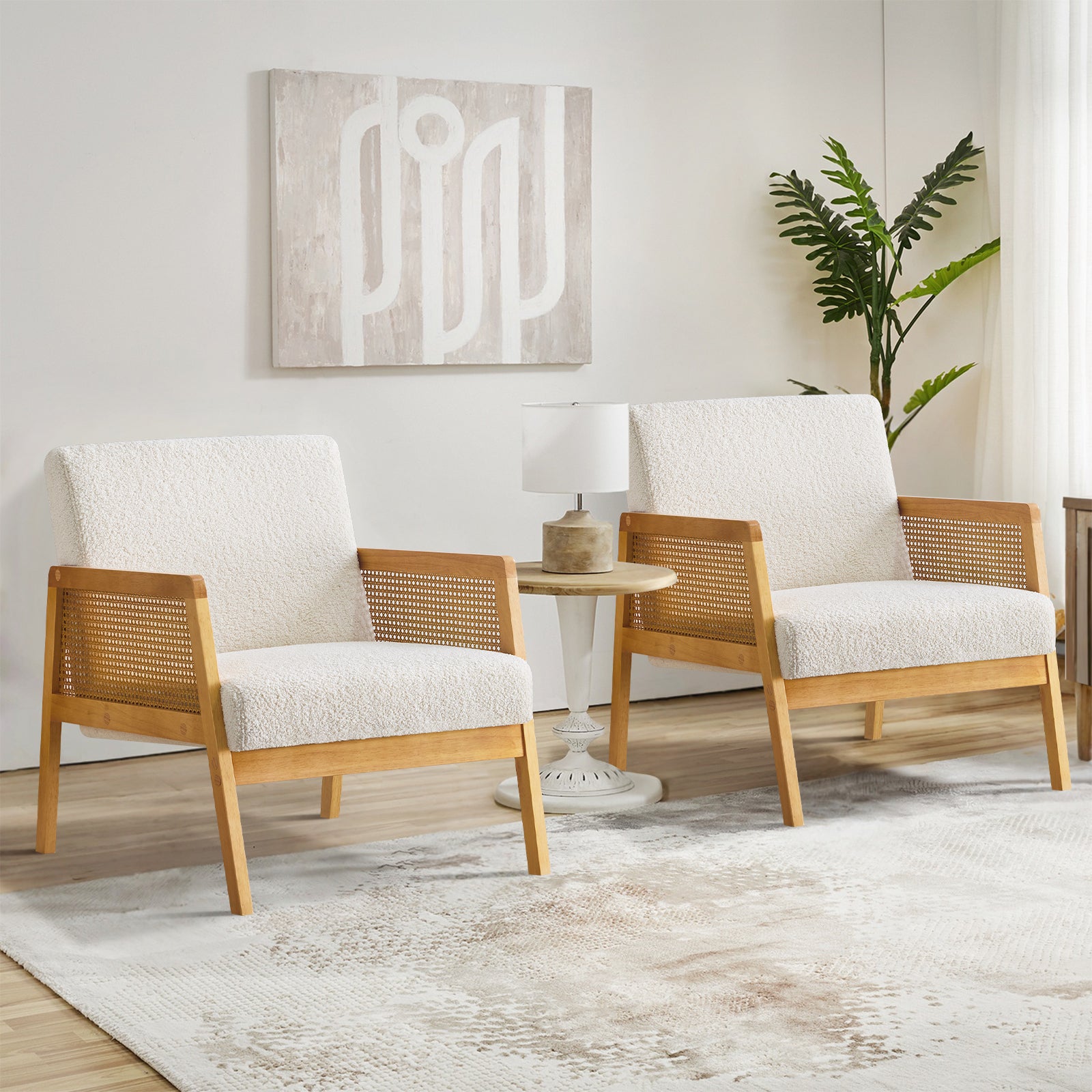 Mid-Century Modern Chair Upholstered in Sherpa Fabric Lounge Armchair, Solid Wood Frame and Upholstered, Suitable for Living Room, Bedroom, Balcony, Ivory White