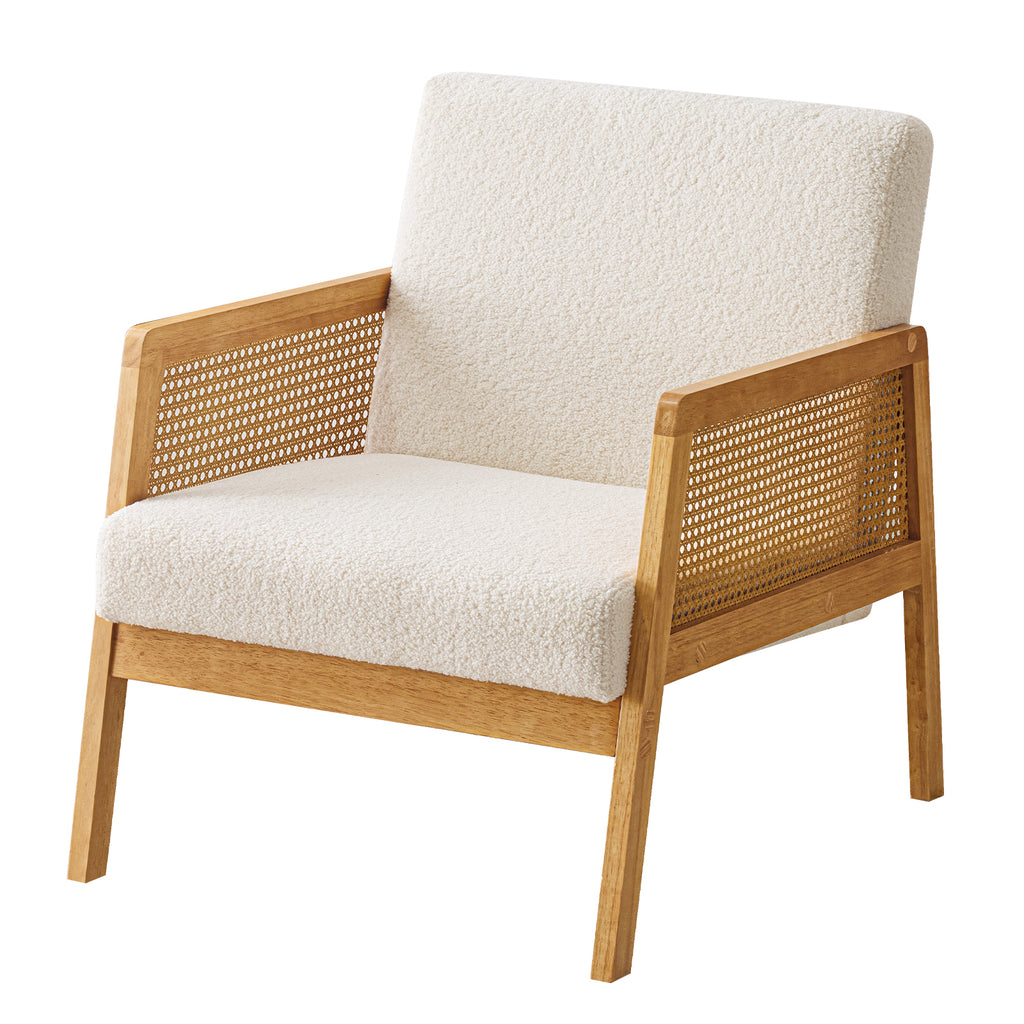 Mid-Century Modern Chair Upholstered in Sherpa Fabric Lounge Armchair, Solid Wood Frame and Upholstered, Suitable for Living Room, Bedroom, Balcony, Ivory White