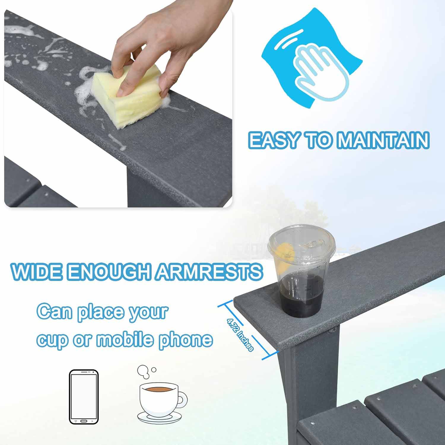 Adirondack Chair Lounger, Patio Chair HDPE Recliner Weather Resistant, Fire Pit Seating High Back for Outdoor, Backyard, Garden, Deck, Lawn, Gray