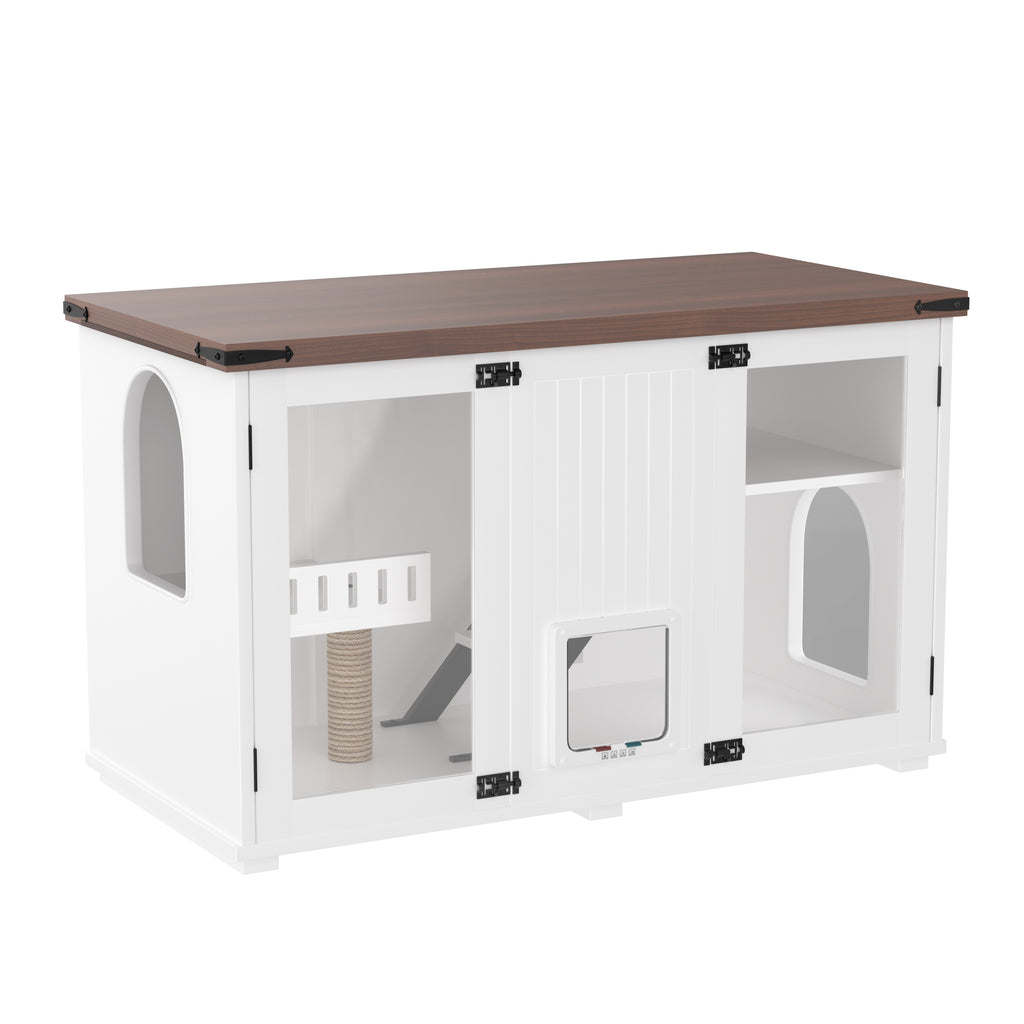 47.25" Large Cat Litter Box Enclosure with LED Light, Hidden Litter Box Furniture, Cat House with Stairs and Cat Scratching Post, Cat Cabinet Side Table with Smart Doors for Living Room, White