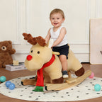 Kids Ride-On Rocking Horse Toy with Lullaby Song,Moose Rocking Toy with Hand Puppets and Safety Belt For Children 1-3 Years,Soft Plush Fabric,Apricot,CPC Certified