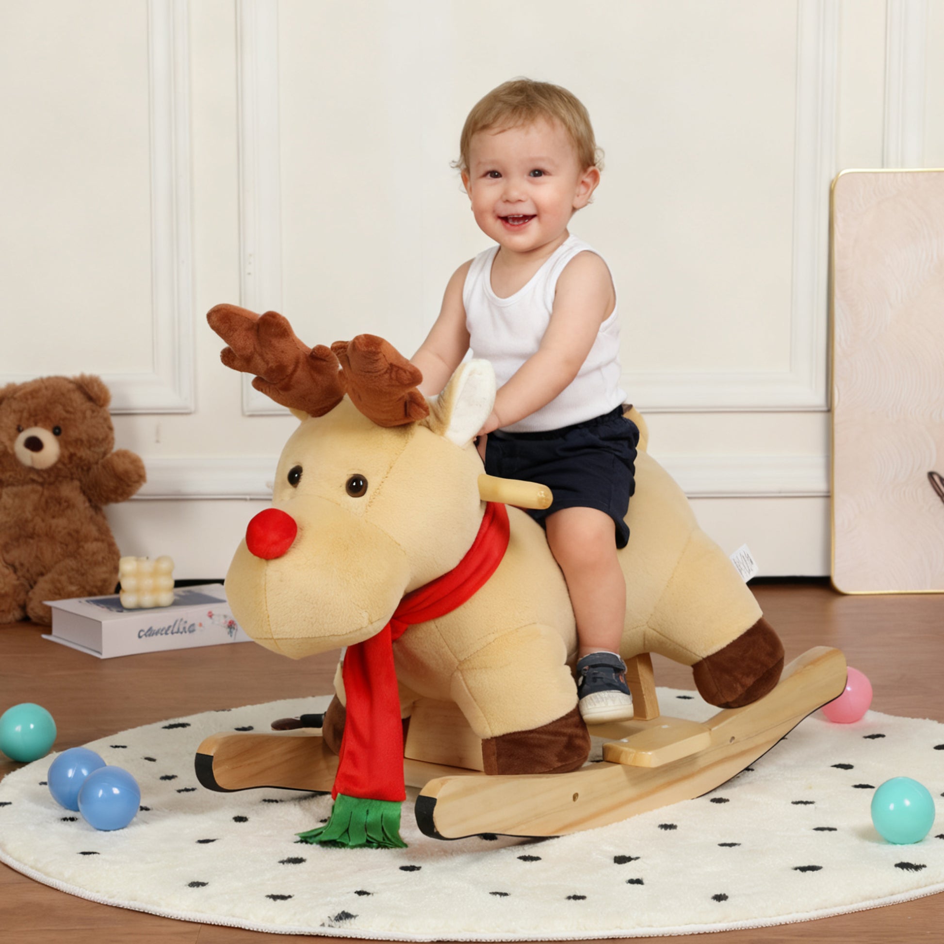Kids Ride-On Rocking Horse Toy with Lullaby Song,Moose Rocking Toy with Hand Puppets and Safety Belt For Children 1-3 Years,Soft Plush Fabric,Apricot,CPC Certified