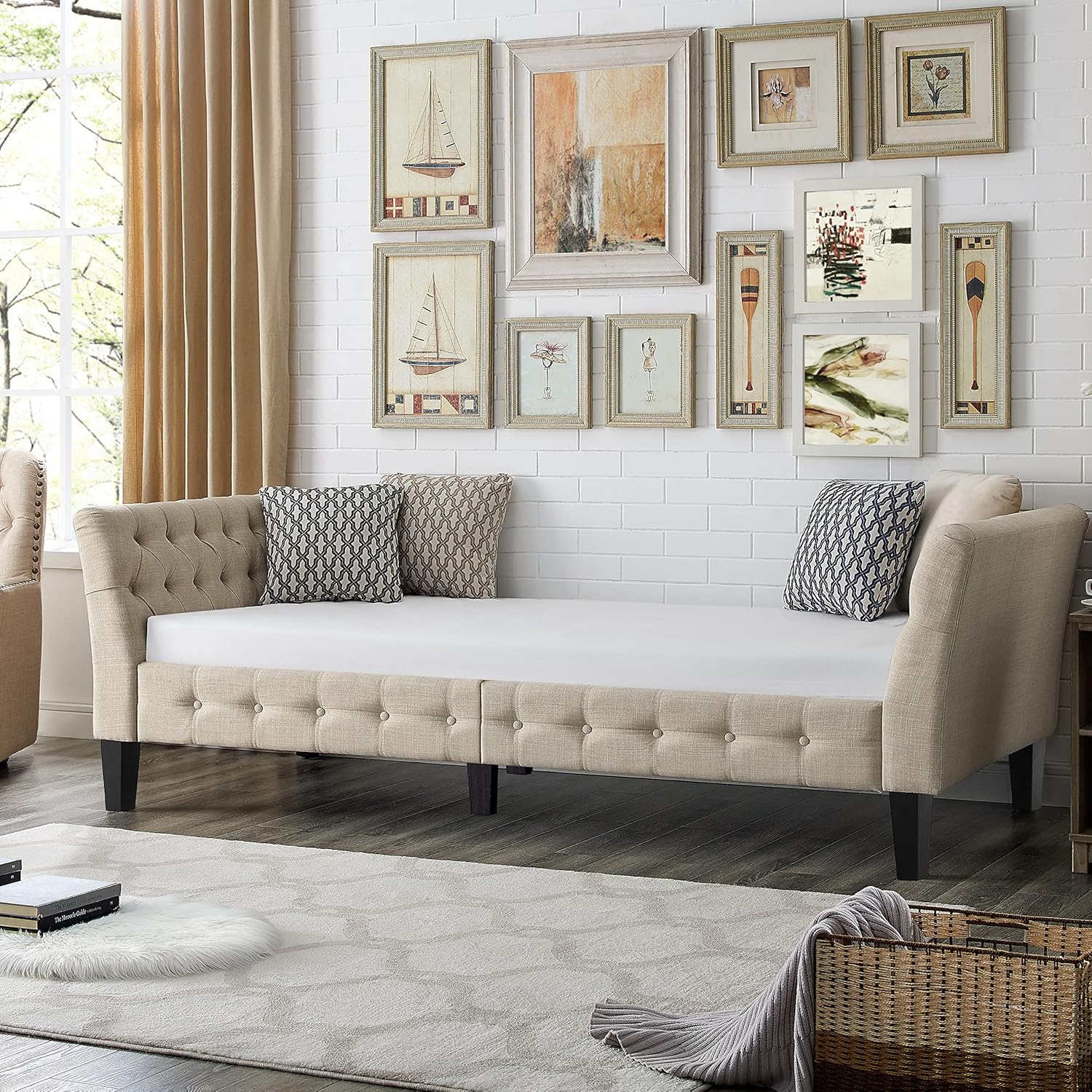 Button tufted, high quality polyester fiber cushion, wooden legs, easy to assemble, single bed, living room, bedroom sofa bed, sofa bed without backrest, warm beige