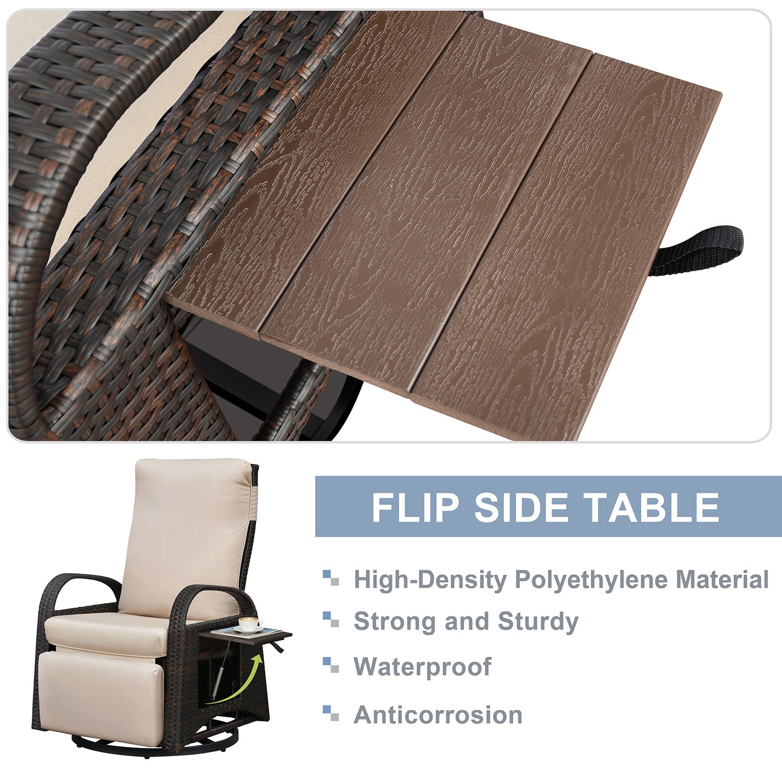 Arttoreal Outdoor Swivel Rattan Lounge Chair, 42.2 inches high,  – Indoor/Outdoor Recliner with Side Table