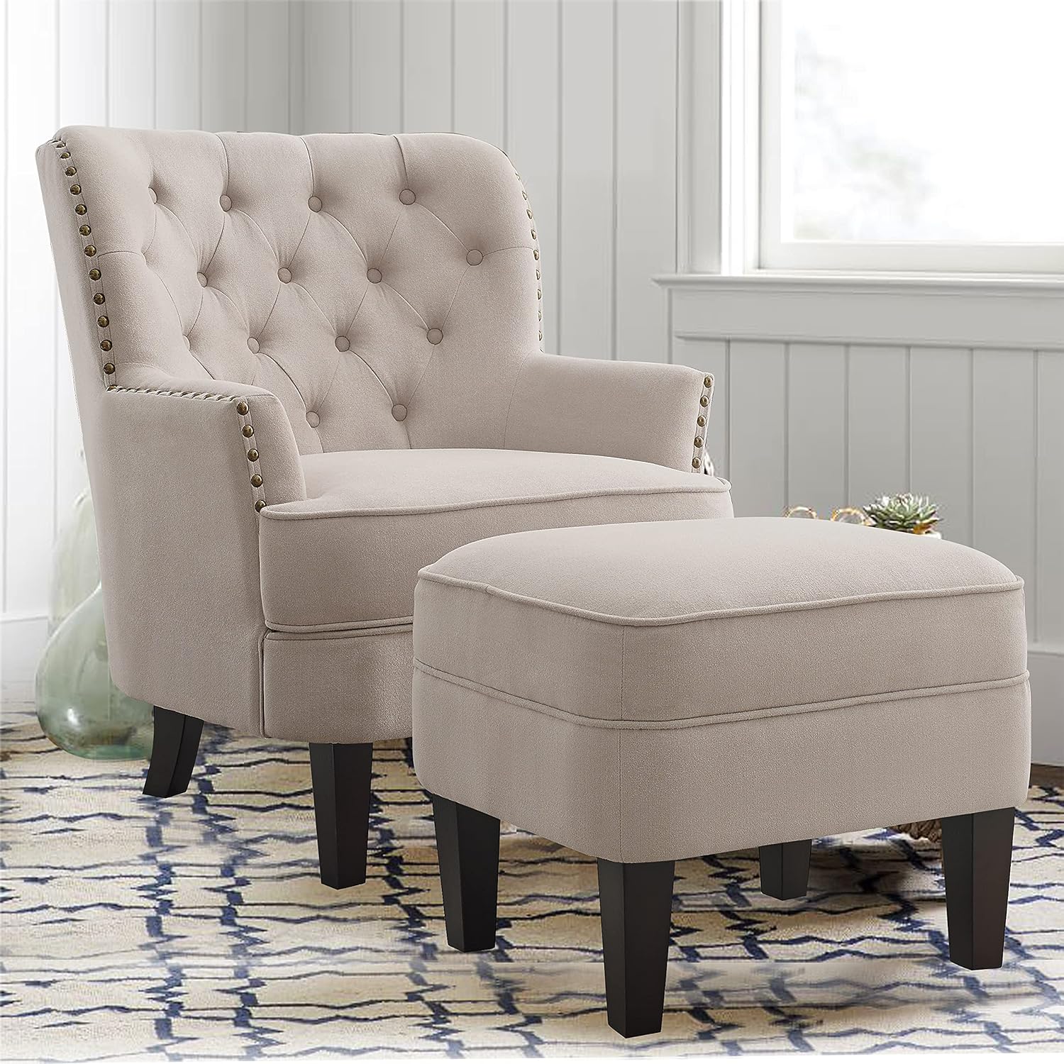 Bedroom armchair with footrest, with height adjustment and button tufting, large size, beige