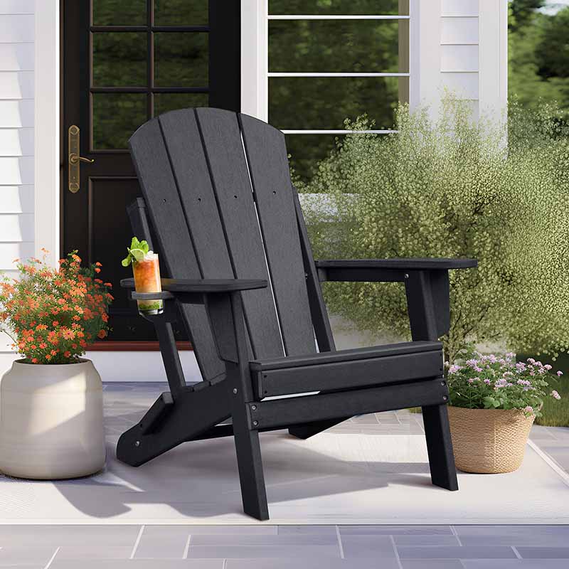 Folding Adirondack Chair, Patio Fire Pit Chairs, Outdoor Weather Resistant Chair Lounger with Cup Holder for Deck, Backyard, Garden