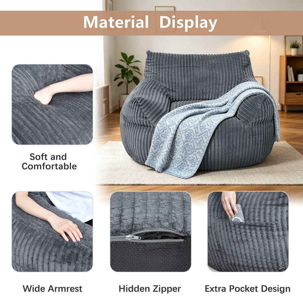 Arttoreal Bean Bag Chair with Ottoman, Corduroy Beanbag Sofa with Footrest for Adults, Grey