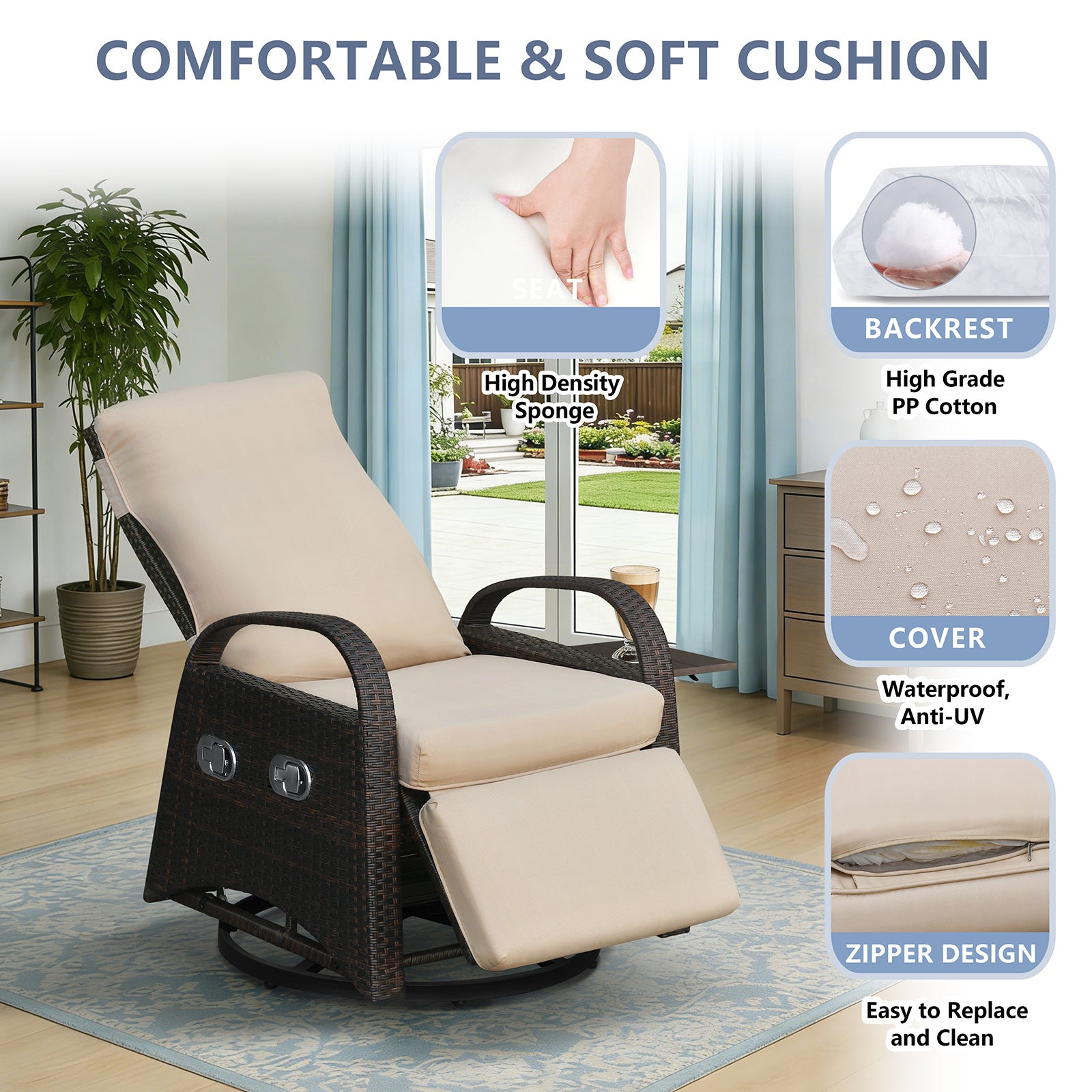 Arttoreal Outdoor Swivel Rattan Lounge Chair, 42.2 inches high,  – Indoor/Outdoor Recliner with Side Table