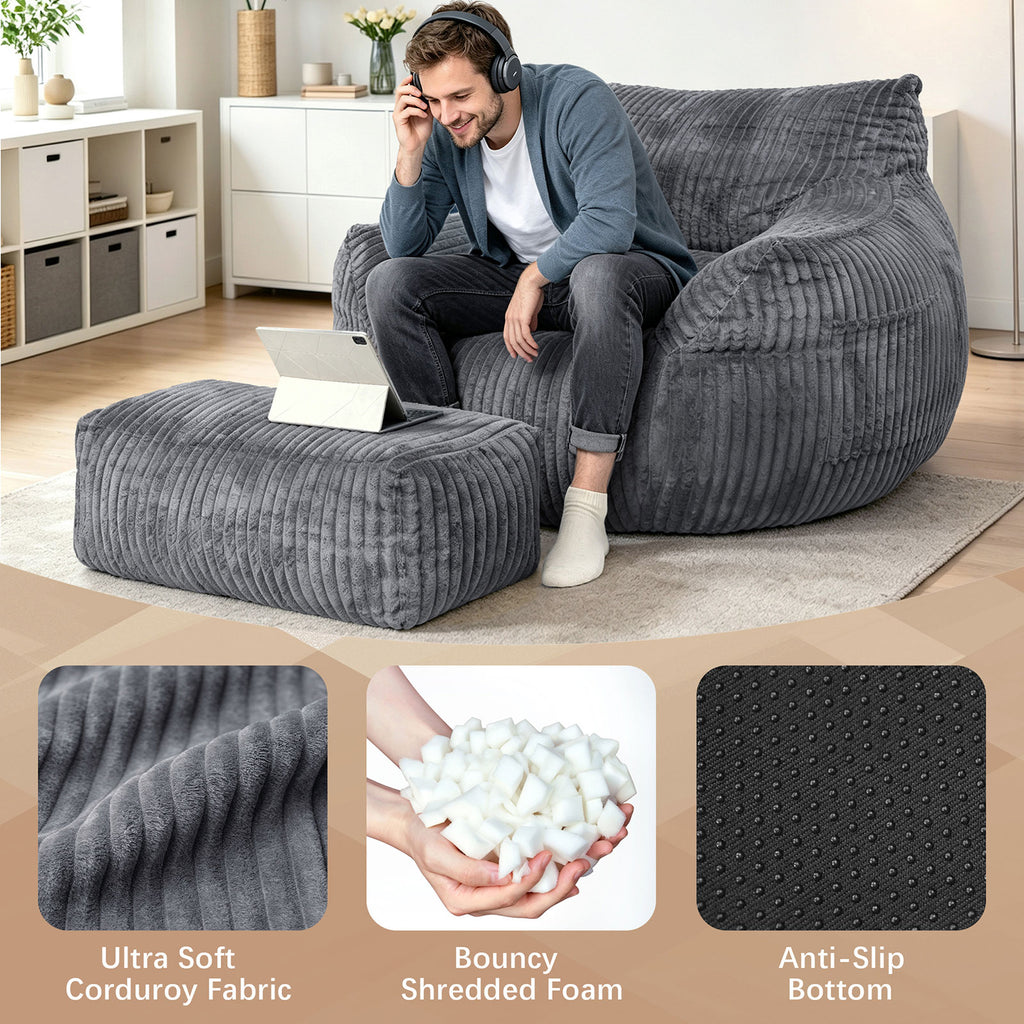 Arttoreal Bean Bag Chair with Ottoman, Corduroy Beanbag Sofa with Footrest for Adults, Grey