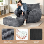 Arttoreal Bean Bag Chair with Ottoman, Corduroy Beanbag Sofa with Footrest for Adults, Grey