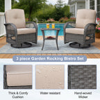 Arttoreal Outdoor Swivel Rocker Patio Chairs Set of 2 and Matching Side Table / 3 Piece Wicker Patio Bistro Set with Premium Fabric Cushions