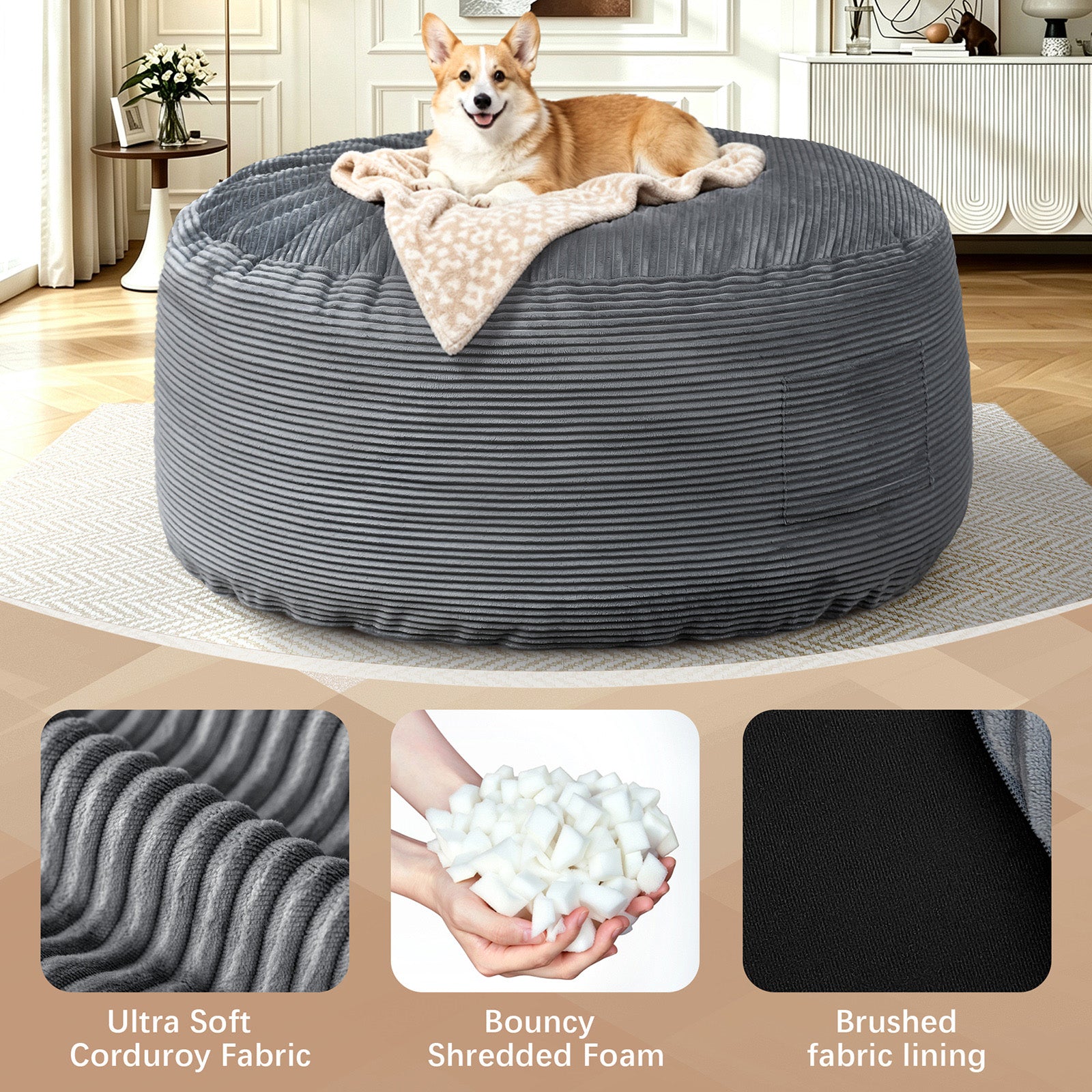 Arttoreal Bean Bag Chair with Foot Stool, 40.5" Corduroy Bean Bag Sofa for Living Room Bedroom