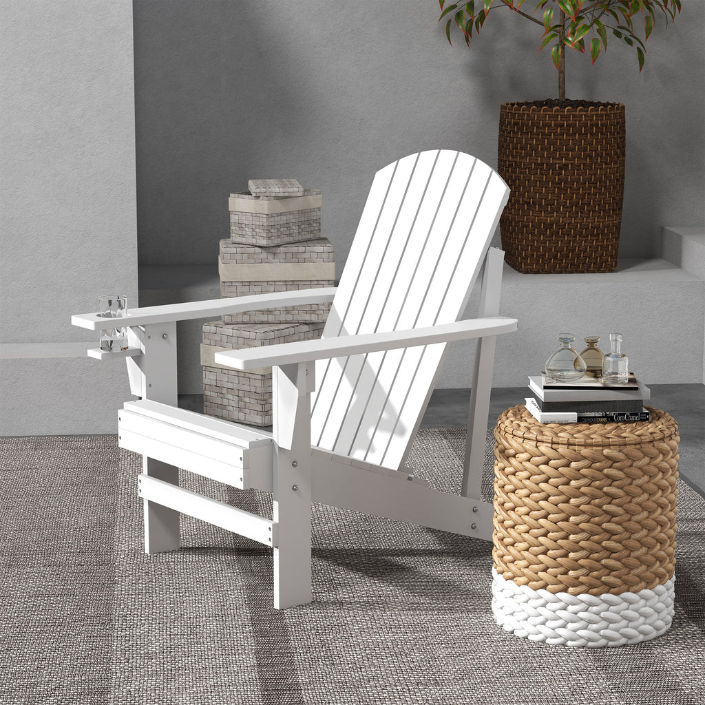 Wooden Adirondack Chair, Outdoor Patio Lawn Chair with Cup Holder, Weather Resistant Lawn Furniture, Classic Lounge Chair for Deck, Garden, Backyard, Fire Pit, White
